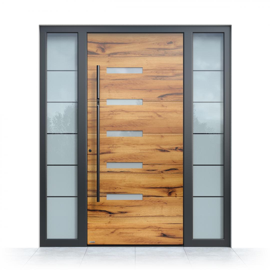 Ușă exterior Pirnar Optimum CarbonCore 7270 decor lemn stejar închis sticlă satinată