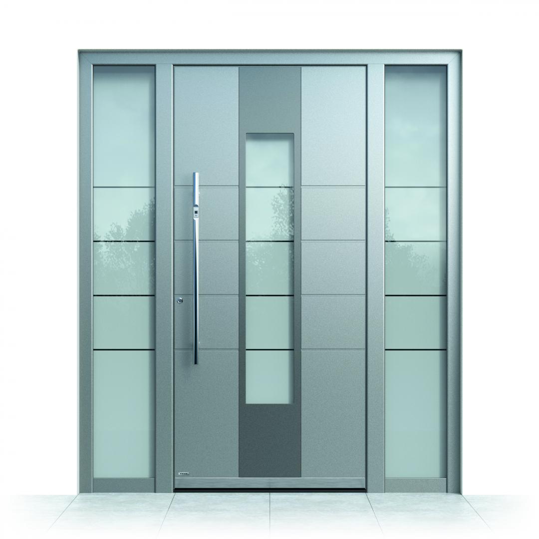 Ușă intrare aluminiu Pirnar Optimum CarbonCore 7280 culoare suplimentară exterior sticlă motive sablată