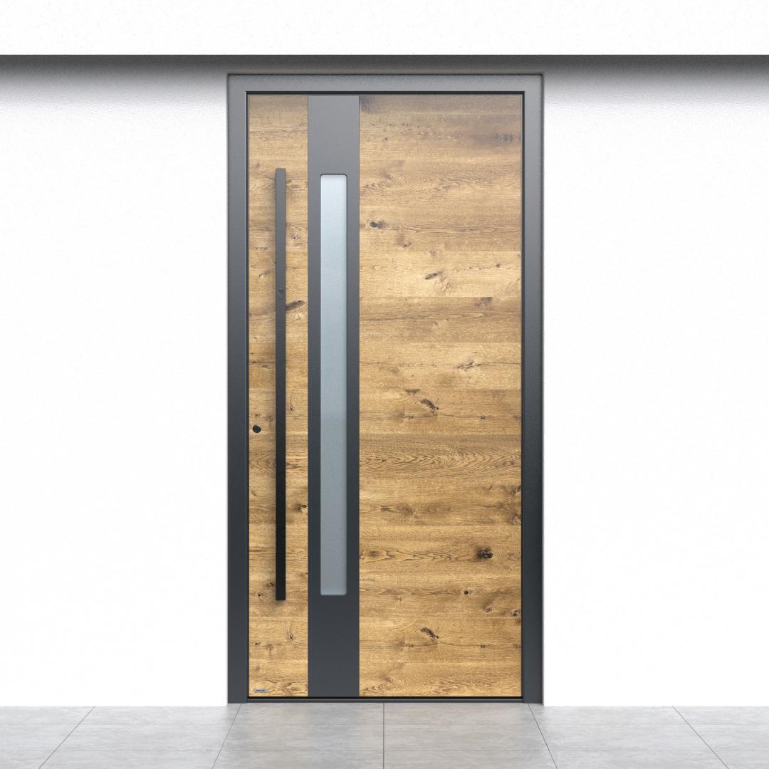 Ușă exterior aluminiu Pirnar Optimum CarbonCore 7320 decor lemn stejar natur mâner angular negru