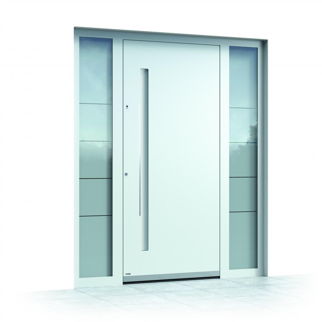 Ușă exterior aluminiu Pirnar Optimum CarbonCore 7500 albă mâner cu iluminare lux